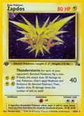 Zapdos, card 15 of the Fossil set, 1999, illustrated by Mitsuhiro Arita