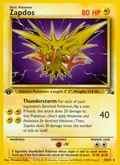 Zapdos, card 30 of the Fossil set, 1999, illustrated by Mitsuhiro Arita