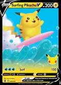 Surfing Pikachu V, card 8 of the Celebrations set, 2021, illustrated by aky CG Works