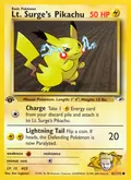 Lt. Surge's Pikachu, card 81 of the Gym Heroes set, 2000, illustrated by Ken Sugimori, 1st Edition printing