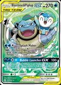 Blastoise & Piplup-GX, card 215 of the Cosmic Eclipse set, 2019, illustrated by Akira Komayama