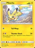 Pikachu, card 40 of the Burning Shadows set, 2017, illustrated by Saya Tsuruta
