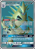 Tyranitar-GX, card 203 of the Lost Thunder set, 2018, illustrated by 5ban Graphics