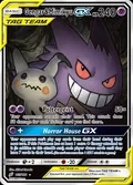 Gengar & Mimikyu-GX, card 165 of the Team Up set, 2019, illustrated by Midori Harada