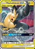 Pikachu & Zekrom-GX, card 33 of the Team Up set, 2019, illustrated by Mitsuhiro Arita