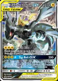 Pikachu & Zekrom-GX, card SM168 of the SM Black Star Promos set, 2017, illustrated by kawayoo