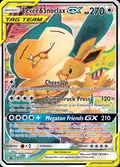 Eevee & Snorlax-GX, card SM169 of the SM Black Star Promos set, 2017, illustrated by Tomokazu Komiya