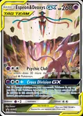 Espeon & Deoxys-GX, card SM240 of the SM Black Star Promos set, 2017, illustrated by Hasuno