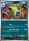 Tyranitar, card 135 of the Paldea Evolved set, 2023, illustrated by hncl