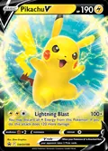 Pikachu V, card SWSH198 of the SWSH Black Star Promos set, 2019, illustrated by 5ban Graphics